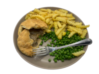 Image of a part eaten pie, chips and peas on plate with folk