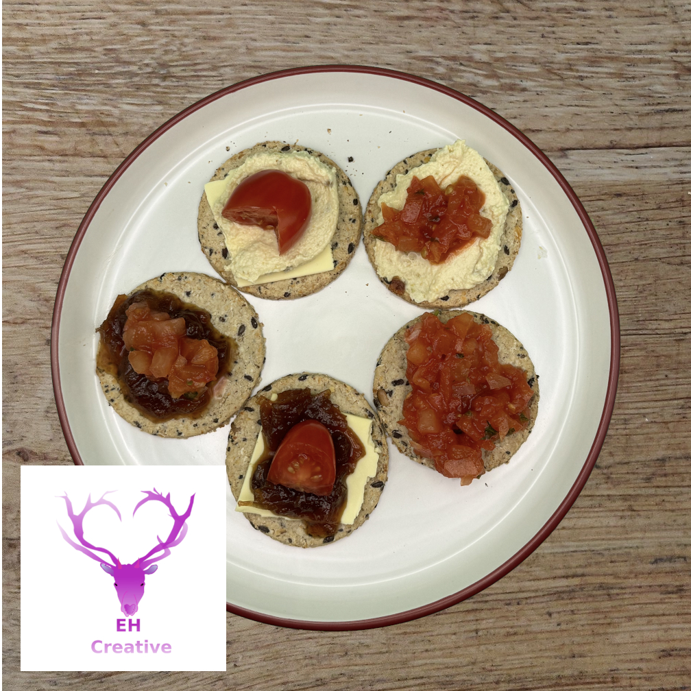 Overhead view of appetizers on a plate