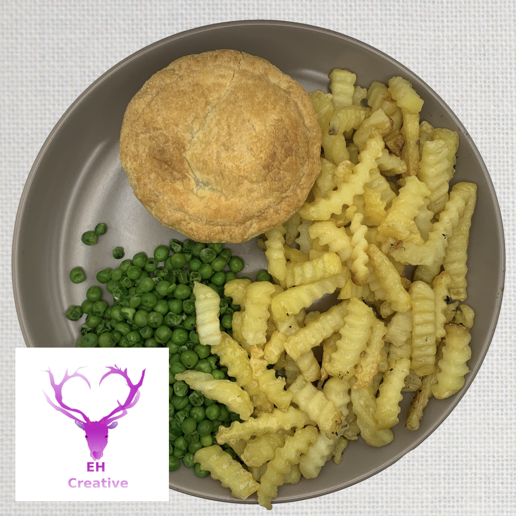 A pie, chips and peas sitting on a plate